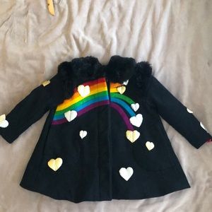 Girls wool coat black with hearts and rainbow. Size 6